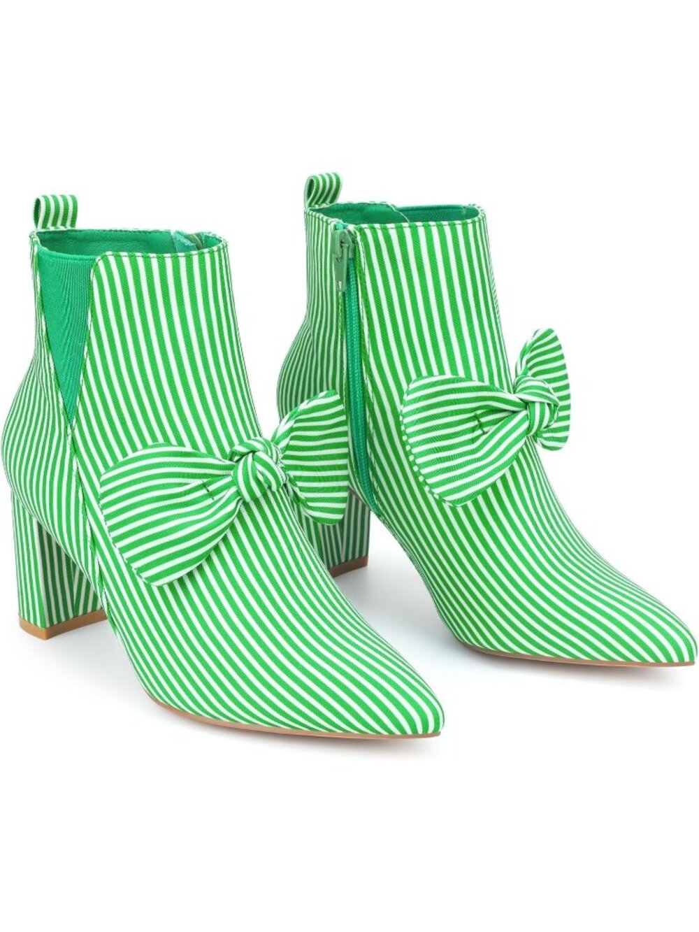 Women's Green Fashionable Bow Stripe Pointed Toe Chunky Heels Ankle Boots